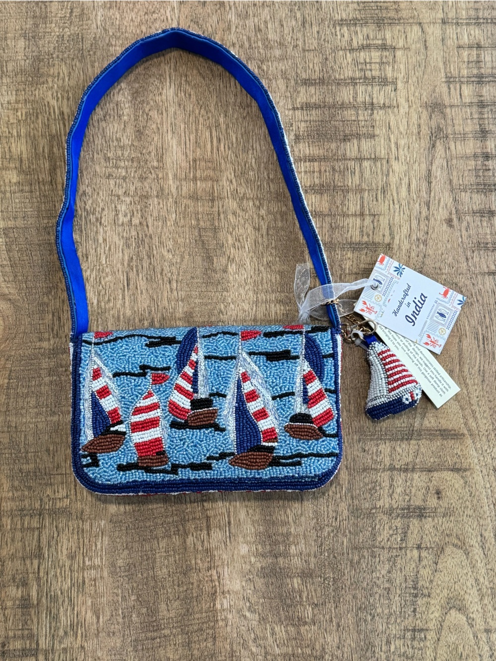 NWT Made in India Beaded Sailboat Shoulder Bag - Blue Nautical Design